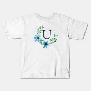 Floral Monogram U Pretty Blue Flowers Kids T-Shirt